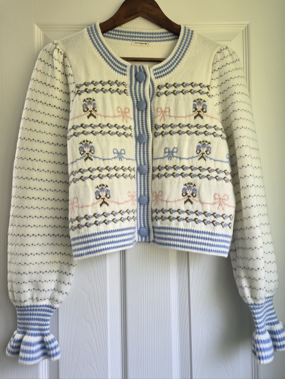 SundayUp Keoni Style Floral Bow Knit Cardigan Ruffle Cuffs Coquette Size Small